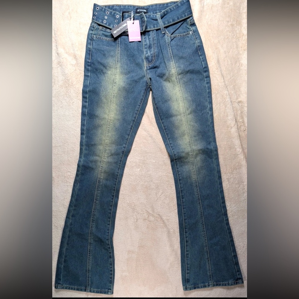 NWT PrettyLittleThing Indigo Vintage Y2K belted seam front flare Jeans grunge